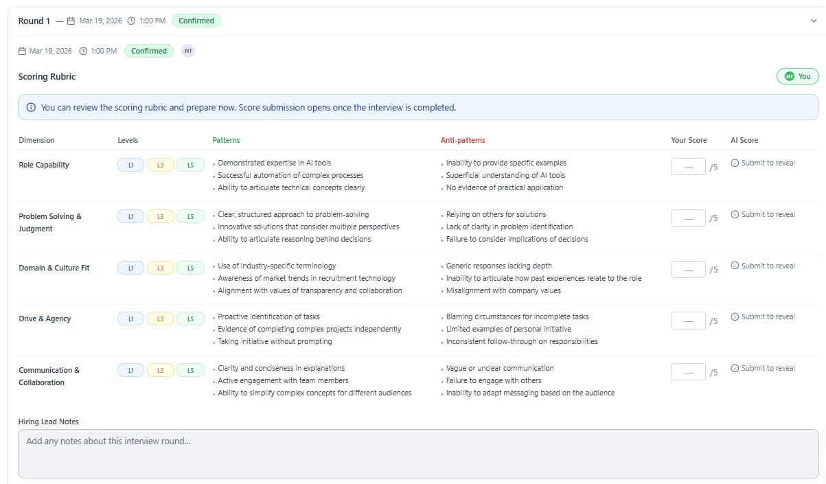 Structured scorecard showing AI-suggested score alongside interviewer score for comparison